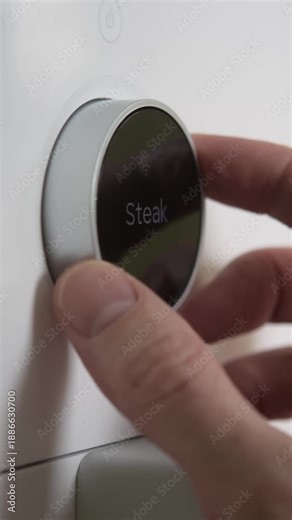 Hand turns smart air fryer dial to browse cooking presets on touchscreen menu, adjusting settings for easy home meal prep.