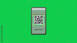 animation QR code scanning with smartphone on green screen background.