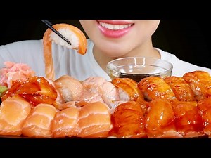 ASMR Salmon Sushi and Seared Salmon Sushi Eating Sounds | Fire Sauce Salmon Sushi | MINEE EATS