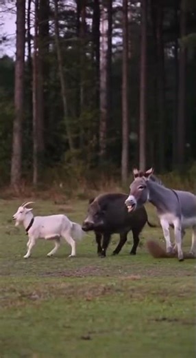 Boar attacks a goat, but a brave donkey charges in—boar flees and the goat stays safely beside it.