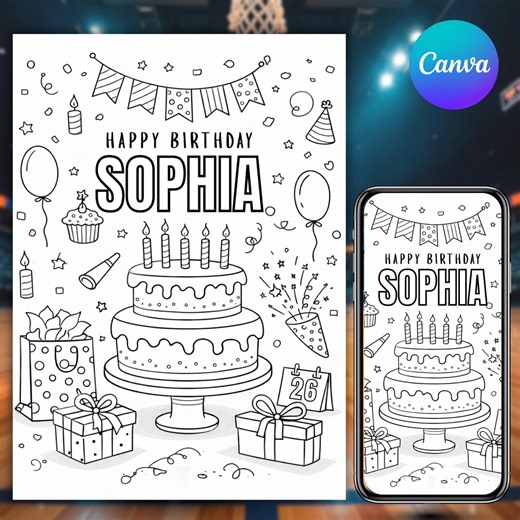 Happy Birthday Coloring Card, Coloring Greeting Card for Kids, Birthday Invitations, Instant Download Template, Digital Card Canva Editable - Etsy