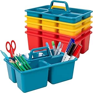 6 Pack Classroom Caddy, Art Caddy with 5 Compartment, Small Portable Storage Bin for Classroom, Office, and Home, Multiuse Table Organizer with Handle, Durable & Drop-Proof, Assorted Colors