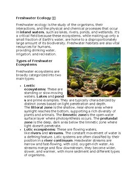Freshwater Ecology Environmental Science Worksheet for SubPlan & Homework