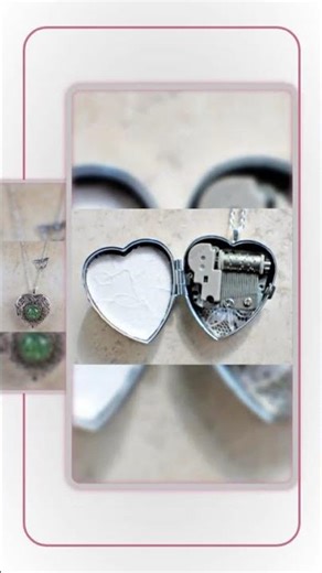 Emerald Green Glass Opal Silver Music Box Locket