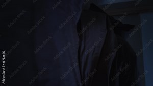 Night insomnia. Quarantine depression. Tired man with glitched face falling down on bed in blanket.