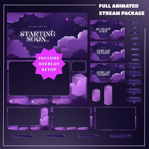 Purple Nightscape Stream Overlay for Streamers – Fully Animated   Setup Included, Purple Night Sky Vtuber, Cloudy Aesthetic, Starry Twitch - Etsy
