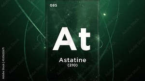 Astatine (At) symbol chemical element of the periodic table, 3D animation on atom design background