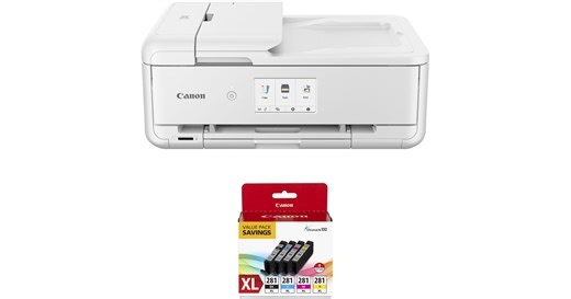 Canon Pixma TS9521Ca Wireless All-in-One Inkjet Printer with CLI-281 XL 4-Color Ink Tank Kit (White)