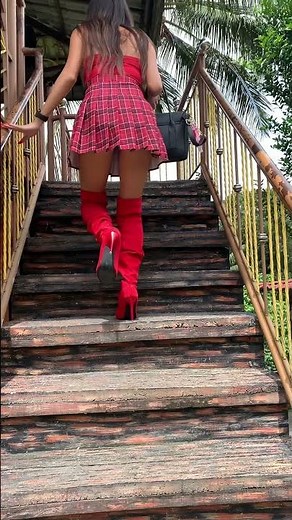 Red tartan skirt red overkee sexy boots up the stairs upskirt