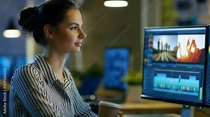 Female Video Editor Works with Footage and Sound on Her Personal Computer. She Works Late and Drinks Coffee. Her Office is Modern and Creative Loft Studio. Shot on RED EPIC-W 8K Helium Cinema Camera.