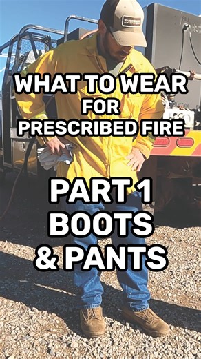 What is safe to wear for a prescribed fire? Part 1. Leather boots and pants or jeans that are 100% cotton are safe for burning. Avoid any nylon or polyester. Also avoid holes, rips or frays in clothing. Check out the full video on our YouTube Channel OSU Natural Resources Extension! Demonstration for educational purposes. Use caution when conducting prescribed burns. | Oklahoma State University Natural Resources Extension