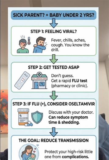 Would STRONGLY consider getting a rapid flu test if you have the right symptoms (cough, congestion, fever, muscle aches, etc.) and have a child under 2. Taking Tamiflu can reduce your risk of passing it to your child who would be high risk of complications! #flu #tamiflu #parentingtips #sickkids #creatorsearchinsights