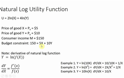 Consumer Utility Maximization: Natural Log Utility Function