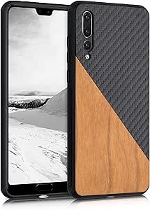 kwmobile Case Compatible with Huawei P20 Pro - Hard Phone Cover with TPU Bumper and Wood/Carbon Back - Dark Brown/Black