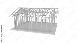 Animation of a frame garage under construction in a cartoon style. High-quality 3D visualization of a detailed garage structure. 3D illustration of a garage with slabs, interior walls, pitched roof.