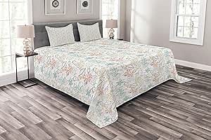 Ambesonne Marine Bedspread, Underwater Seashells Scallops Starfish Corals Jellyfish Seahorse Ocean Doodle, Decorative Quilted 3 Piece Coverlet Set with 2 Pillow Shams, Queen Size, White Multicolor