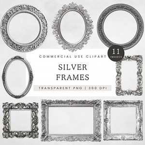Silver Frame Clipart, Ornate Baroque Antique Frames, Transparent PNG Graphics, Digital Frames for Junk Journals, Scrapbooking, Invitations - Etsy Canada