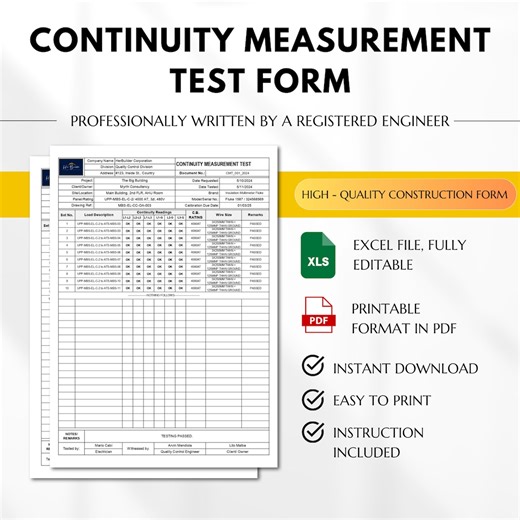 Continuity Test Form, Electrical Testing Template, Testing and Commissioning Acceptance, Megger Continuity and Insulation Testing - Etsy Denmark