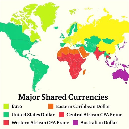 This visualization highlights major currency unions across the world: - 🌍 Eurozone (20 countries in Europe) - 🌴 East Caribbean Dollar (8 island nations territories) - 🟠 West African CFA franc (8 countries in West Africa) - 🟣 Central African CFA franc (6 countries in Central Africa) - 💵 US Dollar (used officially in several countries beyond the US, like Ecuador and Panama) These unions simplify trade, travel, and financial transfers by eliminating exchange rate fluctuations. | Oluwakemi Oduj