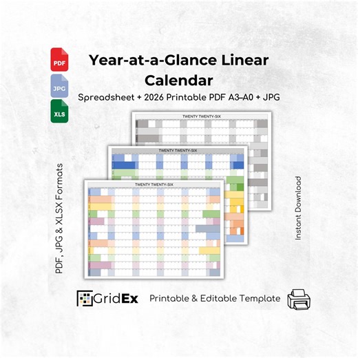 Year-at-a-glance Linear Calendar Template (spreadsheet   Printable Bonus Files) - Etsy