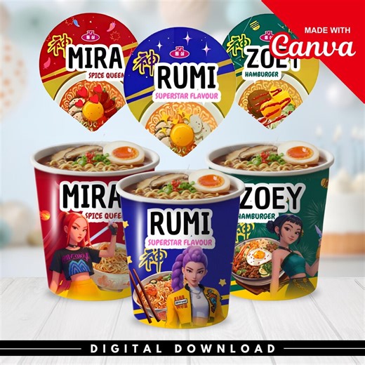 Kpop Demon Hunters Cup Noodle Labels Ramyeon, Huntrix Ramen, Rumi Mira Zoey, Kpop Party, Printable Pack, Halloween Party, Editable in Canva - Etsy UK