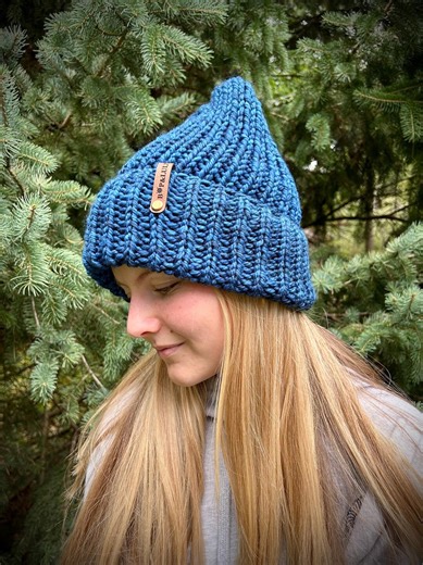 Hand Knit Blue Merino Wool Beanie: Folded Brim Bulky Hat - Etsy