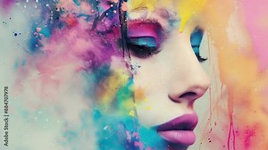 A young woman’s side profile is depicted in an artistic, vibrant, watercolor splash effect. The mood is serene and contemplative, with colorful hues blending harmoniously around her face, creating a