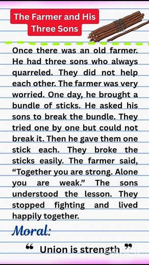 Short story on "Union is strength"| The farmer and his three son story in English #english #short