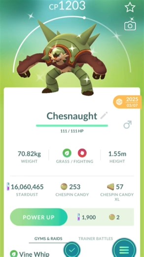 I Evolved Shiny Chespin into shiny Chesnaught in Pokemon Go by The Game World