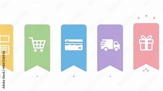 Sequential e-commerce process icons appearing on pastel bookmarks in a flat motion graphics animation, visualizing the online shopping journey from order to delivery