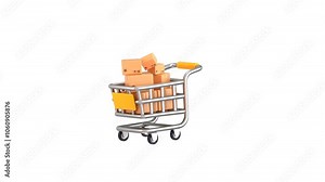 3D Shopping cart and cardboard box icon animation, Fast delivery concept from online store, logistics package delivery animation, Cargo box icon on shopping cart 3d render icon animation