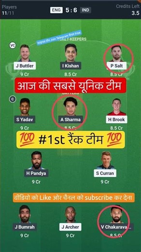 ENG VS IND T20 Dream11 Prediction | ENG VS IND Dream11 Team Of Today Match | ENG VS IND dream11