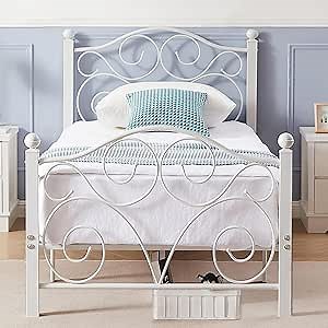 VECELO Twin Size Bed Frame with Headboard and Footboard, Heavy Duty Metal Slat Support, Platform Mattress Foundation, No Box Spring Needed, Easy Assembly, White