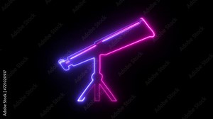 Glowing blue neon line astronomy telescope icon in animated line style. Concept of education and choice, anonymous and suspect Stock Video