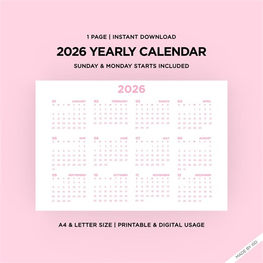 2026 Pink Yearly Calendar Template | Printable, Instant Digital Download | Sunday Monday Start | A4/letter Size | Minimalist Planner - Etsy