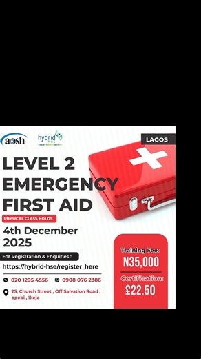 🩺 Upcoming Training: First Aid Training Level 2🩺 Be Prepared. Save Lives. Lead with Confidence. Join us for our comprehensive First Aid Training Level 2 designed to equip participants with the practical skills and confidence needed to respond effectively in medical emergencies. This certification is globally recognized and essential for individuals and organizations committed to workplace safety and life-saving preparedness. 📌 Training Details 🩻Title: First Aid Training Level 2 🩻Date: 4th D