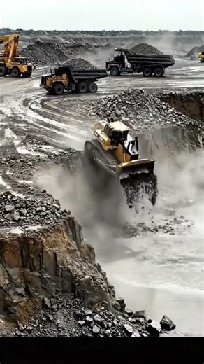 The Dozer pushed the stone into water and Dozer fell down.