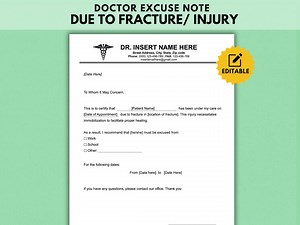 Fillable Doctors Note for Work, Doctor Excuse Note Due to Fracture/injury Doctor Excuse Letter, School Excuse Note, Doctor Excuse Word PDF - Etsy UK
