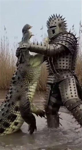 Spiked Knight Wrestles River Monsters! 🛡️🐊 #Surreal #Fantasy #MudBattle