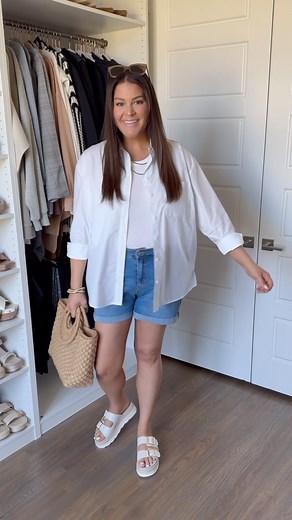 19K views · 2.8K reactions | Comment C650 for links. Found this white button down shirt and denim shorts for under $20 each. And these gold buckle sandals will be on major repeat this spring and summer! Follow me on @shop.LtK for more casual outfits @curvestocontour Casual fashion, elevated basics, mom style, midsize fashion, midsize style, denim shorts, button down shirt, spring fashion, size 14, size 16 | Curves To Contour | Facebook