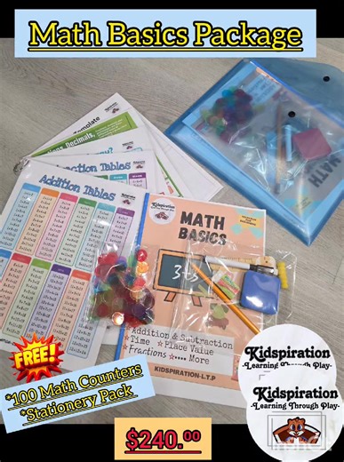 *Math Basics Package* Perfect for Primary Level Students. Our Workbook teaches Addition, Subtraction, Place Value, Time and more. Get a free pack of 100 Math Counters perfect for arithmetic questions. Our Laminated Guide charts covers Arrays, Number line counting, Fractions, Decimals and much more. *Package Includes:-* >>*Math Basics Workbook - Ages 6-10* > *7 Double Sided (14) Informational Math Chart Guides* > *100 Math Counters* >> *Free Stationery Pack* ⏱️💵>> *Cost - $240.⁰⁰* Order Now @ Ki