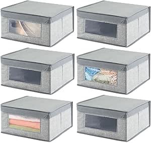 mDesign Medium Fabric Stackable Closet Storage Organizer Box with Clear Window, Attached Lid for Bedroom, Hallway Organization - Holds Clothes, Bedding, Linens, Lido Collection, 6 Pack - Gray