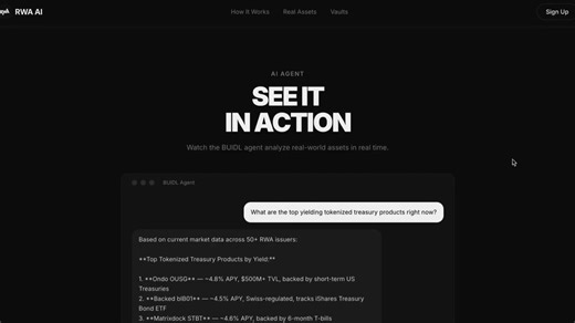 Introducing BUIDL AgentYour intelligent financial asset manager for RWA's.The RWA market is growing fast but remains complex - tokenized treasuries, private credit, real estate, and more - from leaders like BlackRock, Fidelity, and Goldman Sachs.Have questions like:• Which RWA best fits my goals?• How do BlackRock’s offerings compare with Fidelity or Goldman Sachs?Ask anything and get detailed, data-driven analysis trained on years of financial data.Get the insights you need - instantly.Final st