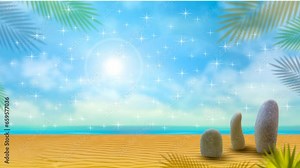 Seascape with sea sand, shells and pebbles on a light background. Animation, a place to copy.