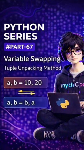 Myth Codes on Instagram: "Python Series – Part 67 | Variable Swapping (Tuple Unpacking) 🔁 In this video, we’ll learn how to swap variables in Python using the tuple unpacking method — without using a third variable. This is a clean and Pythonic way to swap values efficiently. #python #programming #coding #viral #coder"