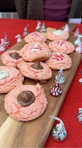 easy 3 ingredient holiday cookies best cookies made with just 3 ingredients; strawberry cake mix, froxen whipped topping and 1 egg! plus an optional added hersheys kiss for festive fun. #easybaking #christmascookies | Jacky’s Kitchen