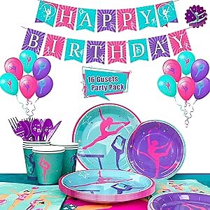 Gymnastics Birthday Party Supplies, 16 Guests Gymnastics Party Decorations Tableware Kit Gymnastics Plates and Napkins Cups Tablecloth Balloons Banner