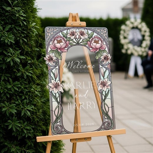 Stained Glass Wedding Sign, Pink Floral Mirror Wedding Welcome Sign, Printed Mirrored or Acrylic Wedding Entrance Sign - Etsy