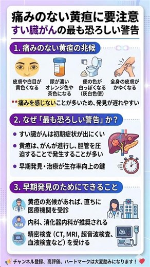 079 すい臓がんの最も恐ろしい警告 痛みのない黄疸に要注意！ #すい臓がん #黄疸 #すい臓がんの初期症状 #膵臓 #灰白色便 #健康情報 #早期発見 #がんの兆候 #消化器内科