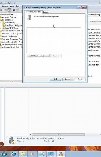 How to act as part of operting system properties in Windows 7